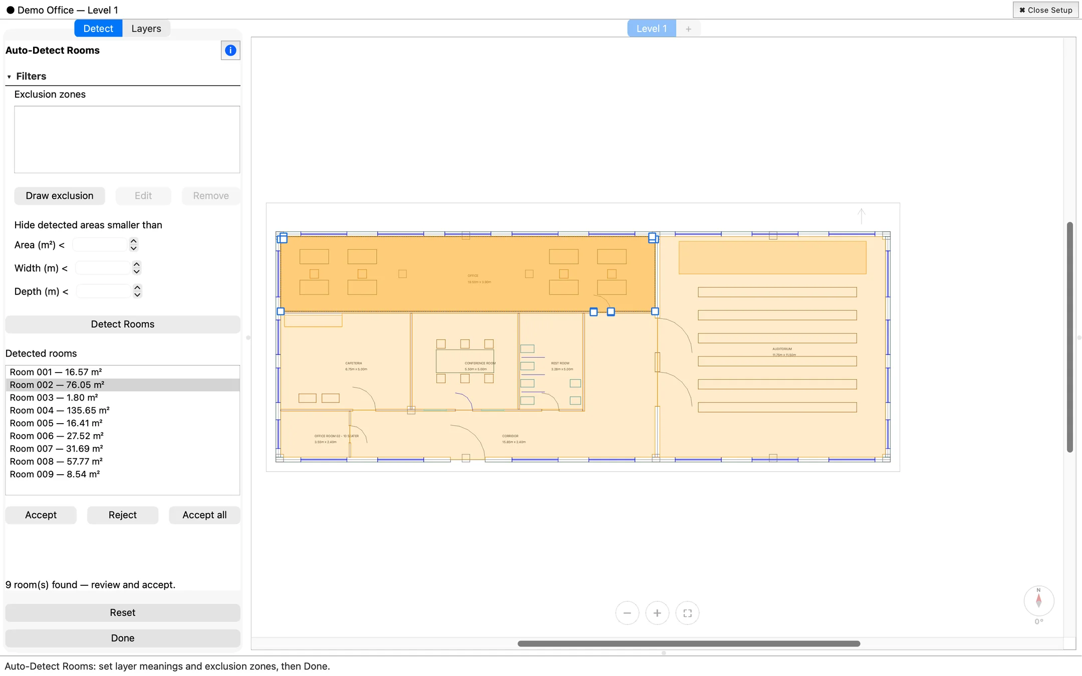 The Auto-Detect Rooms screen listing nine detected spaces with their areas, the open office highlighted on the floor plan.