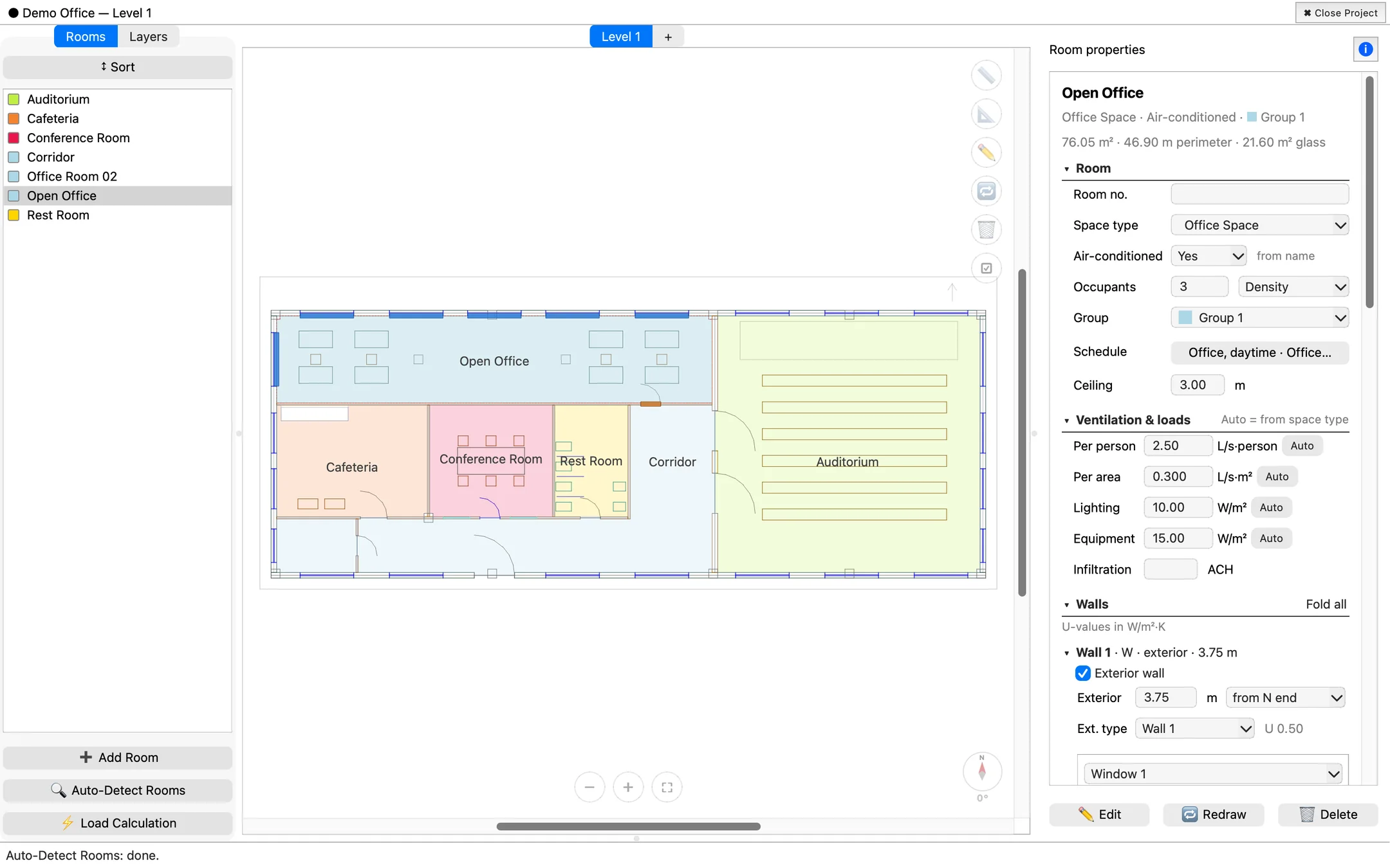 HVAC Design Studio showing a floor plan with seven colour-coded rooms, the room list on the left and the properties of the Open Office room on the right.
