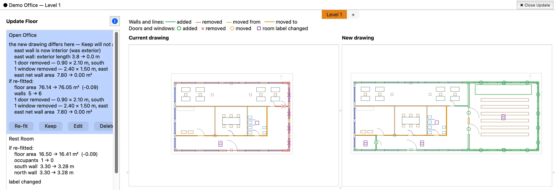 The Update Floor review: a list of changed rooms on the left, the current drawing and the new drawing side by side with a new wing outlined in green.